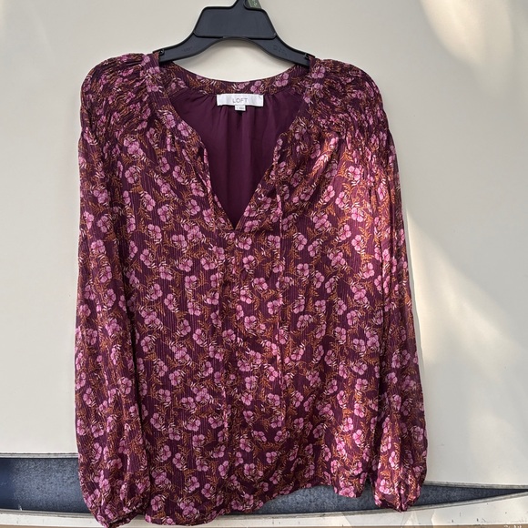 LOFT Burgundy and Pink Floral Blouse - Picture 1 of 6
